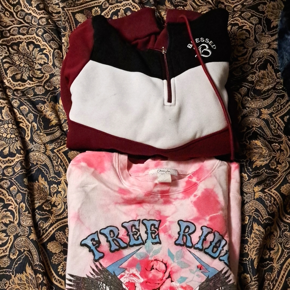 2 long sleeved shirts one zip up hoodie and one sweatshirt